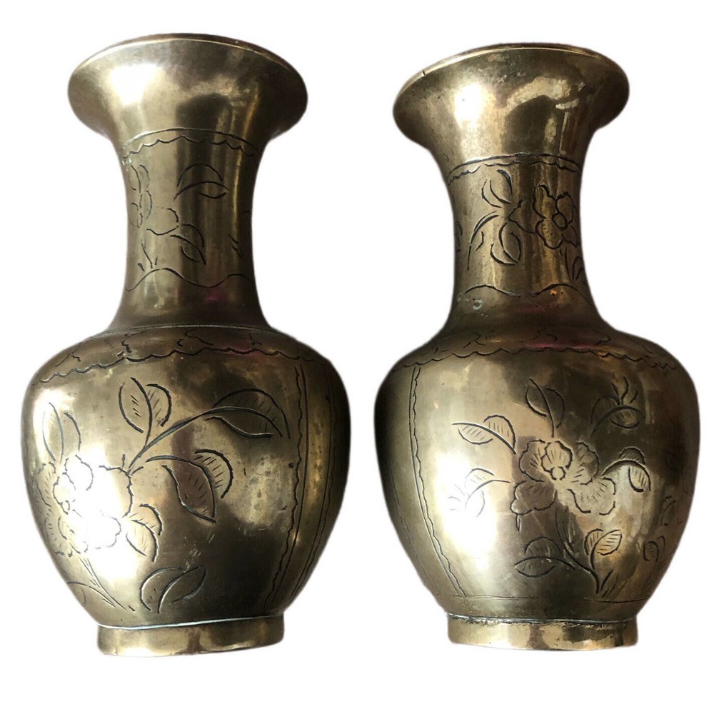 Vintage Pair of Chinese Brass Vase 7½" Birds & Flowers